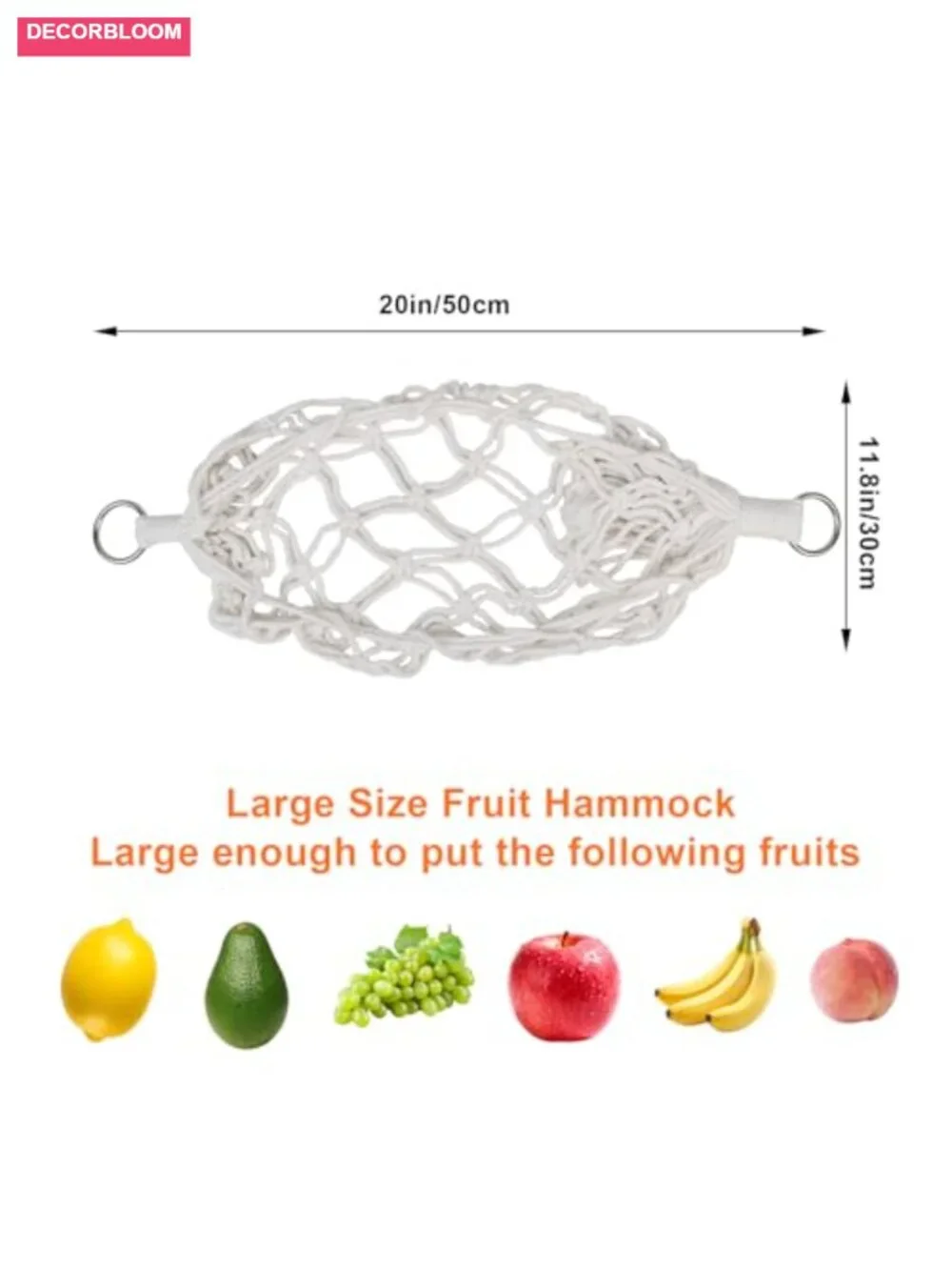 Hanging Fruit Hammock with Hooks, Hand-Woven Cotton Mesh Basket for Kitchen
